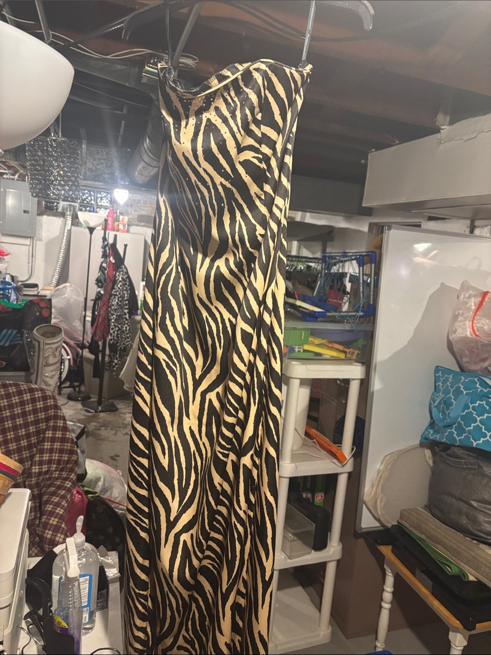 Jessica McClintock Black and Gold Zebra-Print Satin Maxi Gown